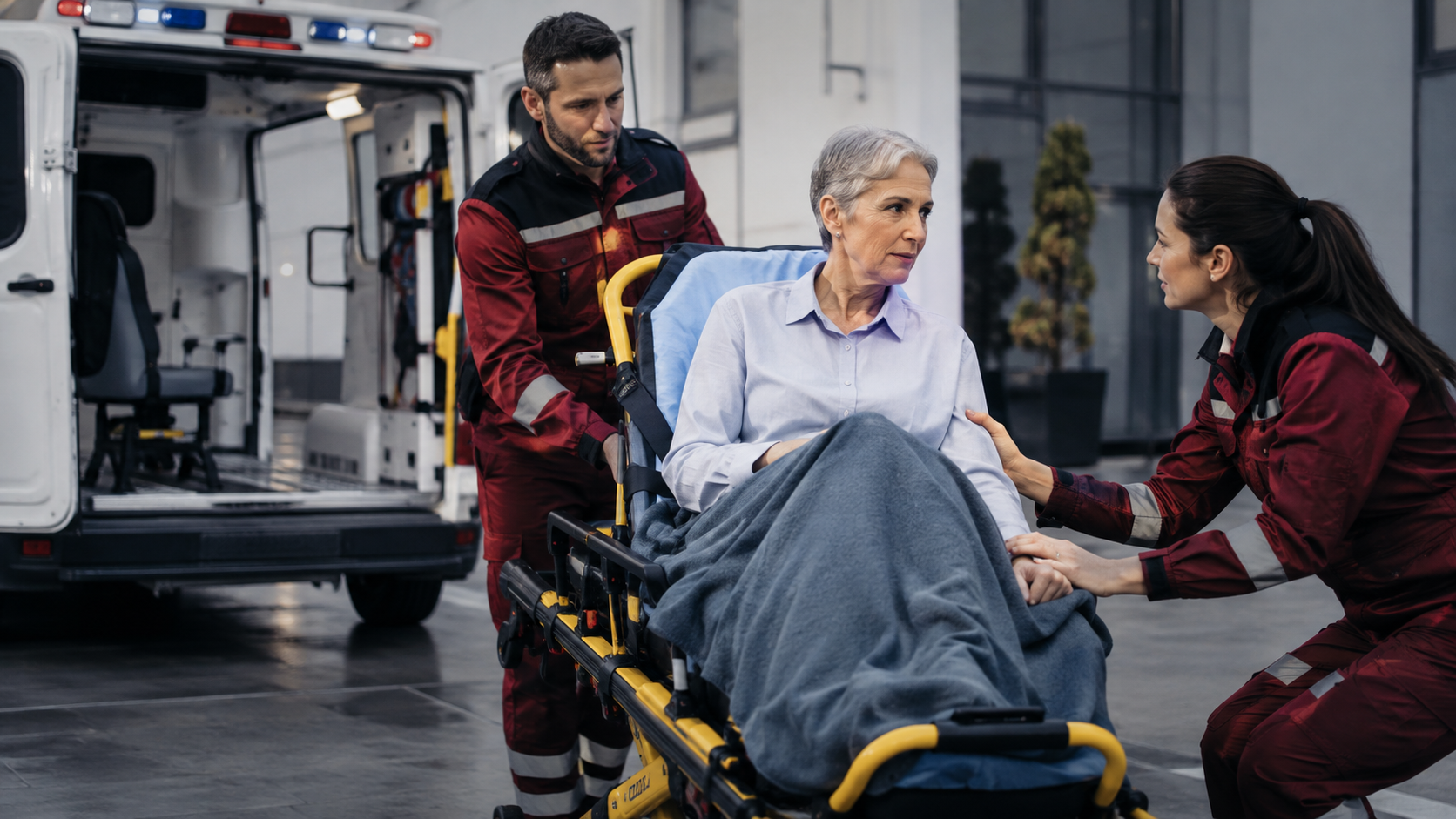 Medical assistance team helping a patient beside an ambulance